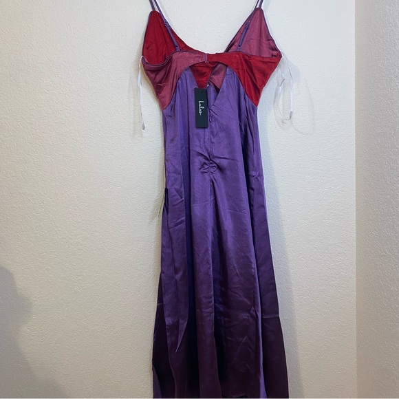 ✨3/$20 Lulus Chic Combo Purple Color Block Satin Twist-Front Midi Dress - Picture 7 of 7